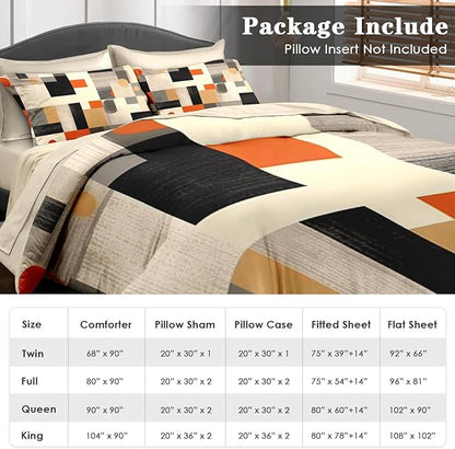 Comforter Set King Size, Geometric Painting Contemporary 7 Pcs Bedding for Kids and Adults, Gray Orange Bed Sheet Sets with Fitted Sheet 2 Pillowcase & 2 Sham for Bedroom Bed Decor