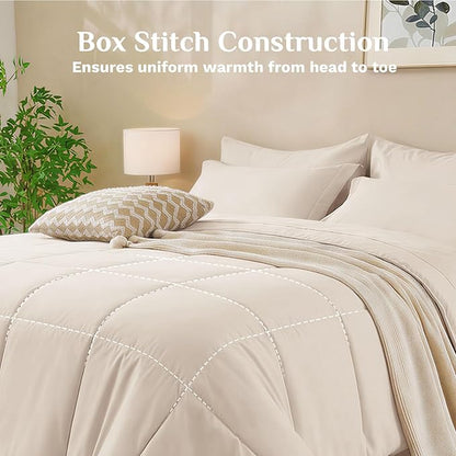 JOLLYVOGUE Queen Comforter Set, Ultra-Soft Bed in a Bag Queen Size 7 Pieces, Oeko-TEX Certified Bedding Set with Down Alternative Comforter, Sheets, Pillowcases & Shams, Beige