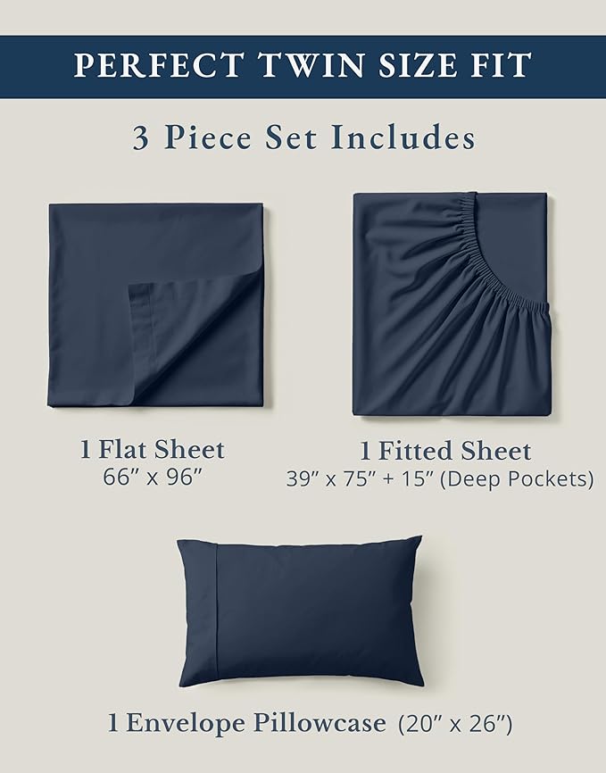 LANE LINEN 100% Organic Cotton Sheets Twin Size, Mercerized Cotton Fully Elasticized Soft & Comfy Bedding Sheets & Pillowcase Set, Good for Dorm Room, Deep Pocket Fully Elasticized Sheet- Navy