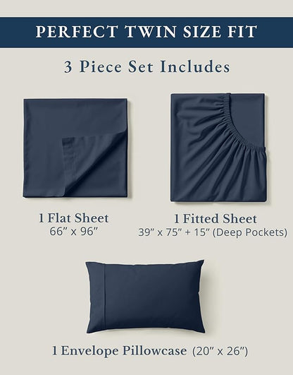 LANE LINEN 100% Organic Cotton Sheets Twin Size, Mercerized Cotton Fully Elasticized Soft & Comfy Bedding Sheets & Pillowcase Set, Good for Dorm Room, Deep Pocket Fully Elasticized Sheet- Navy