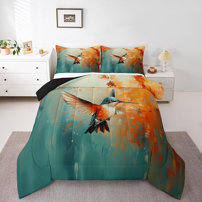 Feelyou Hummingbird Comforter Set Toddler Size Tropical Birds Comforter Hummingbird Flowers Bedding Set Blossoming Iris Flowers Duvet Set Room Decor Teal Quilt Set