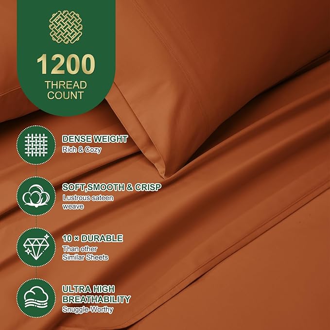 Ivellow 100% Egyptian Cotton Sheets Queen Size Set - 1200 Thread Count 6PC 18" Deep Pocket Queen Size Bed Sheet Set Luxury Soft Breathable Burnt Orange Cooling Sheet Sets Durable Hotel Quality Bedding