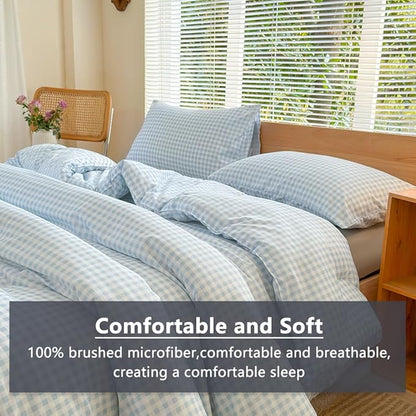 NSNLGSGC King Size Comforter Set, Light Blue Gingham Bedding Comforter Sets, Blue Grid Bed Comforter 3 Pieces (1 Comforter, 2 Pillowcases)