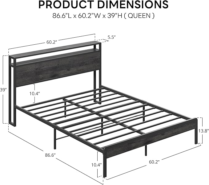 LIKIMIO Queen Bed Frame with Headboard, Dark Wood Camas Queen with Strong Supports, Sturdy, Noise-Free, No Box Spring Needed, Charcoal Grey