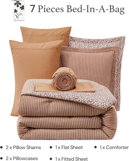 Full Comforter Set - 7 Pieces Autumn Leaf Gauze Muslin Bedding Sets for All Seasons, Lightweight Breathable Bed in a Bag Full with Revesible Farmhouse Comforter, Sheets, Pillowcases & Shams