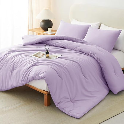 CozyLux Lavender Queen Comforter Set, 3 Pieces Light Purple Solid Breathable Quilted Boho Bedding Sets, Luxury Fluffy Soft Bed Set with Down Alternative Comforter and 2 Pillowcases for All Season