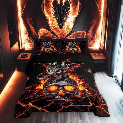 Castle Fairy Cartoon Dragon Bedding Set Full Size Black Skull Flame Crack Comforter for Child Toddler Teens Lovely Halloween Dragon Down Comforter Neon Red Butterfly Duvet Insert with 2 Pillowcases