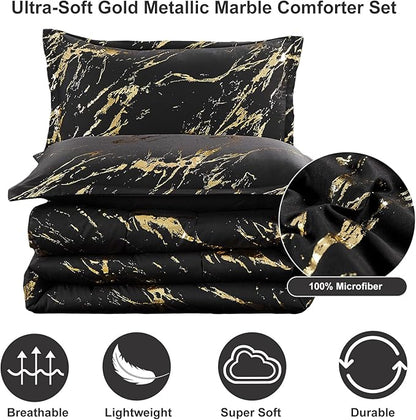 WONGS BEDDING Black Gold Metallic Marble Comforter Set Queen Foil Print Glitter Bedding Sets with 2 Pillowcases for All Seasons, Soft Microfiber Filling Bedding Duvet Set 90"x90"