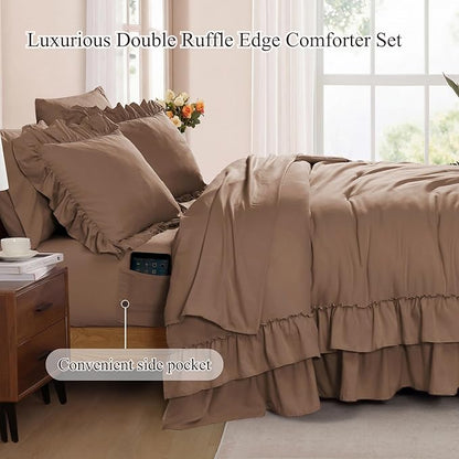 Full Comforter Set Amber Brown, Ruffle Shabby Chic Bedding Set Farmhouse 7 Pieces, All Season Fluffy Bed in a Bag with Sheets, Pillowcases & Shams