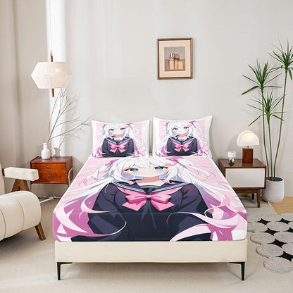 Kawaii Japanese Anime Bedding Set Queen - 3D Style Bed Sheets - Sailor Suit Girl Design - 3 Pieces, No Flat Sheet