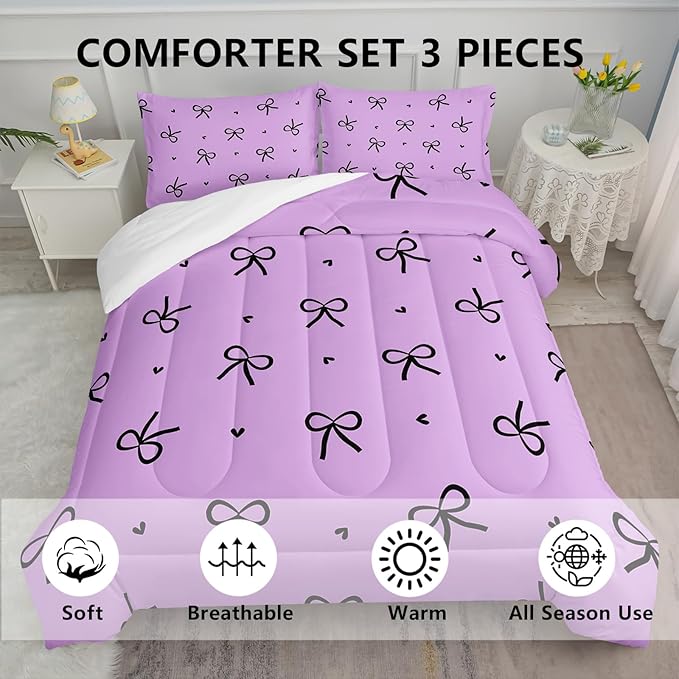 3 Pieces Purple Kawaii Bedding Set for Girls,Black Bowknot Comforter King Size,Cute Bow Tie Knot and Love Bedding for Women Girls Kids,Romantic Princess Quilt Set 1 Comforter 2 Pillowcases