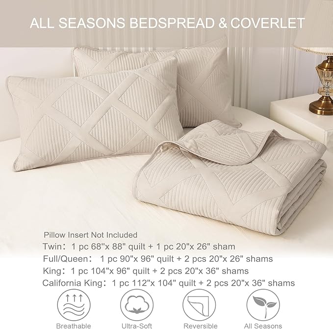 Exclusivo Mezcla King Quilt Set- Brich Beige Quilts Bedding Set with 2 Pillow Shams, Modern King Bedspread with Striped Pattern, Soft Lightweight Bedspreads Coverlets for All Seasons