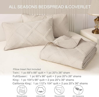 Exclusivo Mezcla Twin Size Quilt Set - Brich Beige Quilts Bedding Set with 2 Pillow Shams, Modern Bedspread with Striped Pattern, Soft Lightweight Bedspreads Coverlets for All Seasons