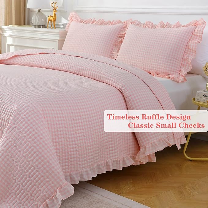 Blush White Ruffle Gingham Quilt Set Queen Size with 2 Pillow Shams, 100% Washed Cotton Yarn-Dyed Quited Bedspread Farmhouse Bedding Set (Blush, Queen) | 100% washed cotton, gingham quilts, ruffles