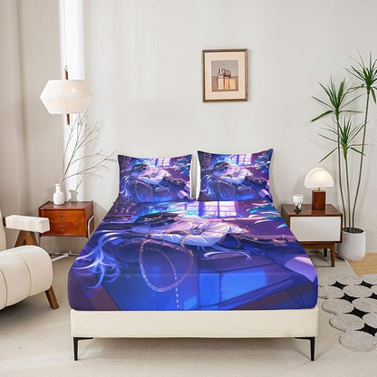 Erosebridal Anime Girl Fitted Sheet Twin Size Japanese Anime Bed Sheets for Kids Boys Teens Women Bedroom Decor, Cartoon Girl Bedding Set Japanese Animation Kawaii Sheets, Purple