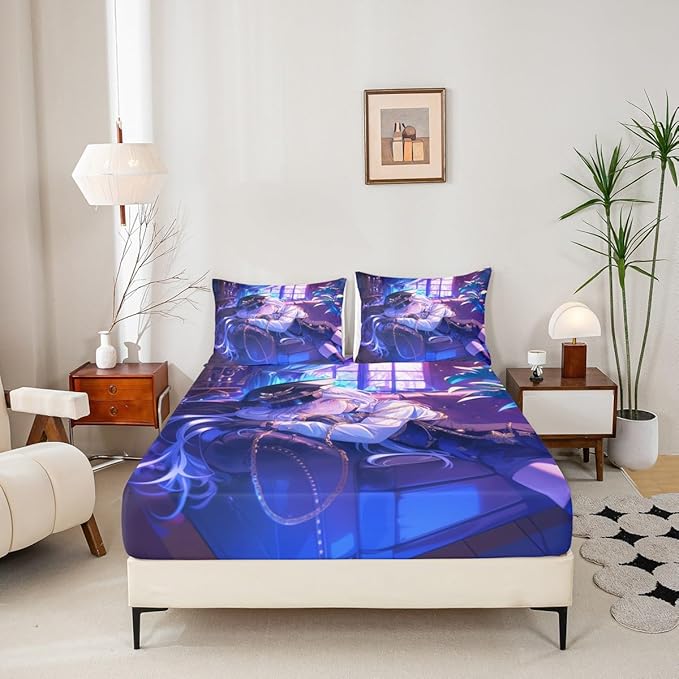 Erosebridal Anime Girl Fitted Sheet Queen Size Japanese Anime Bed Sheets for Kids Boys Teens Women Bedroom Decor, Cartoon Girl Bedding Set Japanese Animation Kawaii Sheets, Purple