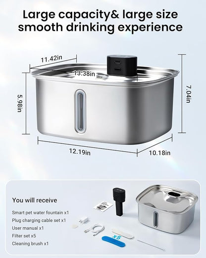Smart Pet Water Fountain, 10L/338Oz Stainless Steel Cat Water Fountain with APP Monitoring, Automatic Dog Water Bowl Dispenser for Large Dogs Cats Mutil-Pets, Indoor and Outdoor
