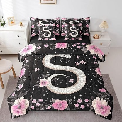 jejeloiu Boho Snake Bedding Set 7Pcs Twin Size Kids Bohemian Comforter Set with Sheets for Boys Girls Floral Flower Bed in a Bag Soft Lightweight,Microfiber