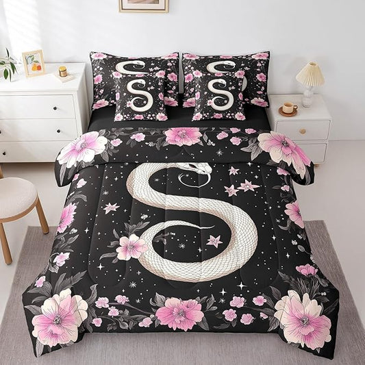 jejeloiu Boho Snake Bedding Set 7Pcs Queen Size Kids Bohemian Comforter Set with Sheets for Boys Girls Floral Flower Bed in a Bag Soft Lightweight,Microfiber