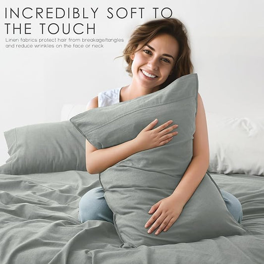 4Pcs Organic Linen Sheets California King Size, 100% French Linen from Normandy, Breathable Earl Gray Cal King Sheet Set with 16 Inch Deep Pocket, 1 Flat Sheet, 1 Fitted Sheet, 2 Pillowcases