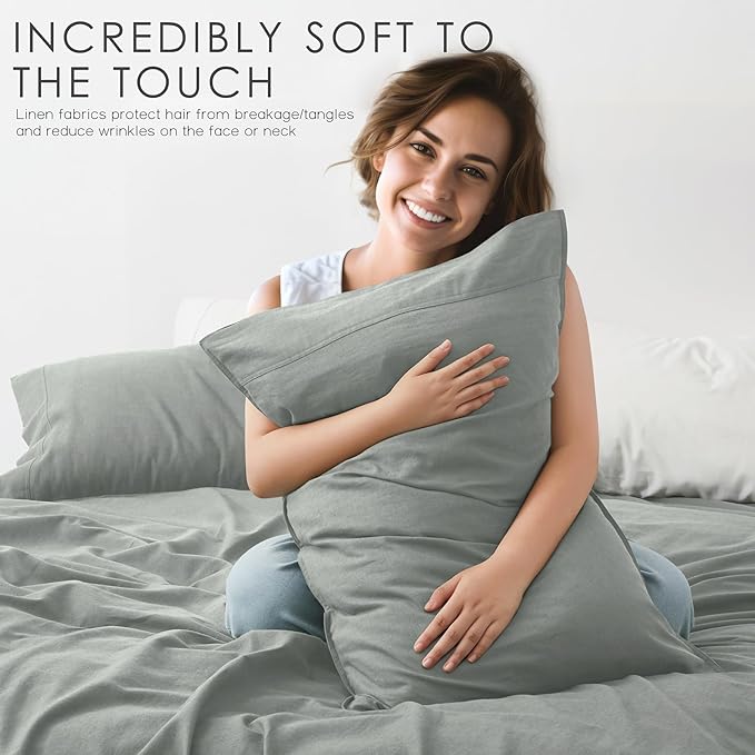 3Pcs Organic Linen Sheets Twin Size, 100% French Linen from Normandy, Tear-Resistant Earl Gray Bed Sheets Twin Sheet Set with 16 Inch Deep Pocket, 1 Flat Sheet, 1 Fitted Sheet, 1 Pillowcases