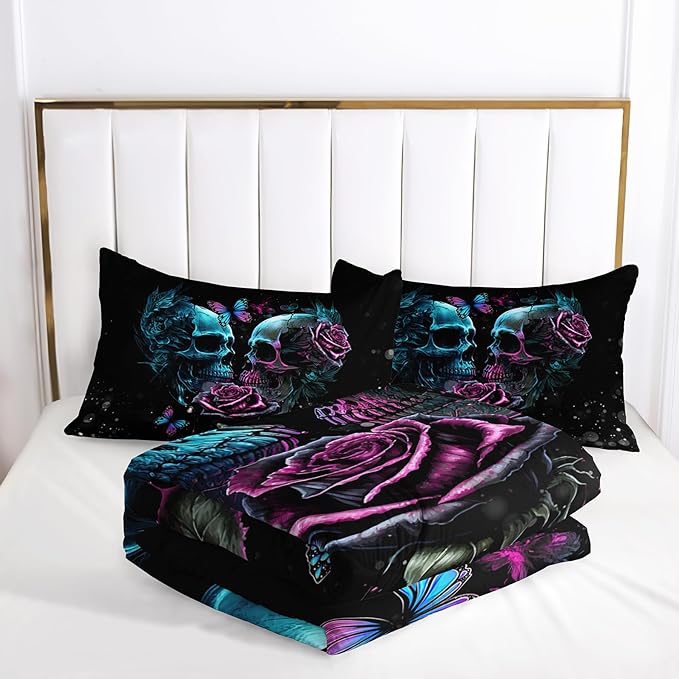 Gothic King Size Bedding Set - Skull & Rose Comforter, Black & Blue Quilt