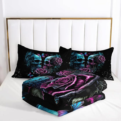 Gothic King Size Bedding Set - Skull & Rose Comforter, Black & Blue Quilt