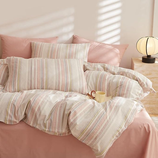 EAVD Striped Comforter Set King Multi-Color Striped Bedding Comforter Set 3 Pieces Farmhouse Geometric Bedding Set with 2 Pillowcases for All-Season Soft Fluffy Lightweight
