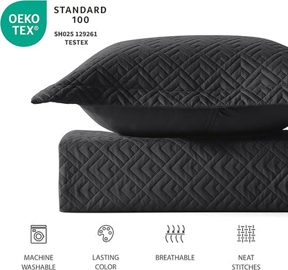EXQ Home Quilt Set Full Queen Size Black 3 Piece,Lightweight Soft Coverlet Modern Style Squares Pattern Bedspread Set for All Season(1 Quilt,2 Pillow Shams)