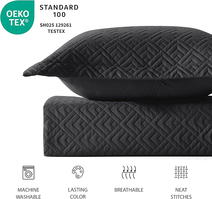 EXQ Home Quilt Set King Size Black 3 Piece,Lightweight Soft Coverlet Modern Style Squares Pattern Bedspread Set for All Season(1 Quilt,2 Pillow Shams)