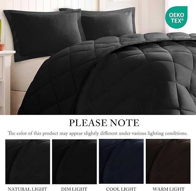 Madison Park Comforter Set, Reversible Down Alternative All Season Microfiber Bedding, 3M Scotchgard Stain Release, Full/Queen Dorm Comforter, Black/Black