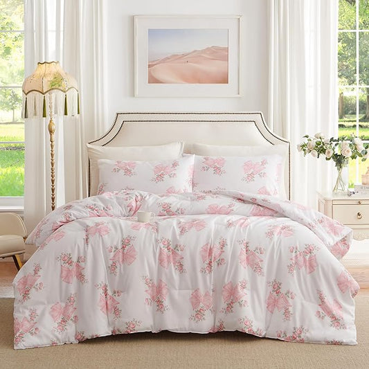 Nayoroom Pink Bow Comforter Set Full Size Pink Floral Bed Comforter for Girls 3 Pieces Soft Lightweight Kids Cute Coquette Bedding Set for All Seasons