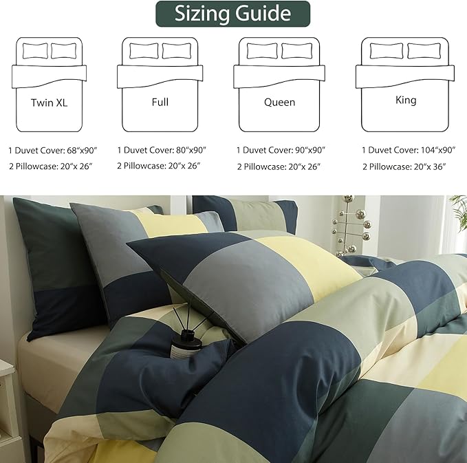 mixinni Checkered Geometric Duvet Cover Set - Full Size, 3-Piece 100% Cotton Bedding Set, Soft & Breathable Plaid Design with Zipper Closure, Reversible Comforter Cover for All Seasons
