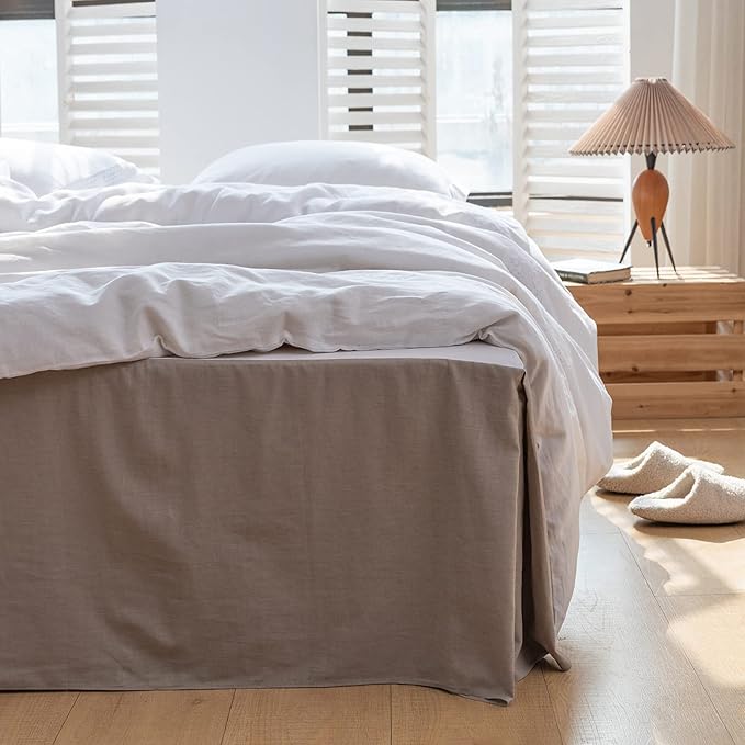BISELINA French Linen Bed Skirt with Pleated Corner 18-Inch Tailored Drop Natural Flax Cotton Blend Basic Dust Ruffle Soft Cozy Farmhouse Bedding (18" Queen, Basic Grey)