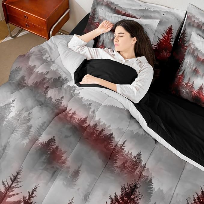 Erosebridal Foggy Mountain King Bed in A Bag 7 Piece Green Forest Pine Tree Comforter Set with Sheets Nature Misty Woodland Bedding Sets for Kids Adults,Flying Bird Bed Set