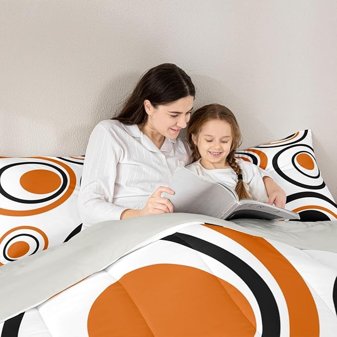Erosebridal Orange Abstract Queen Comforter Set for Adult Women Men Modern Geometric Circles Bedding Set Boho Art Aesthetic Striped Bed Set Minimalist Black White Abstract Quilt Set