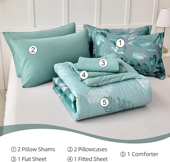 Anibedding Aqua Comforter Set Queen Size, 7 Pieces Botanical Leaves Reversible Soft Microfiber Bed in a Bag with Sheets Set All Season (90"x90")