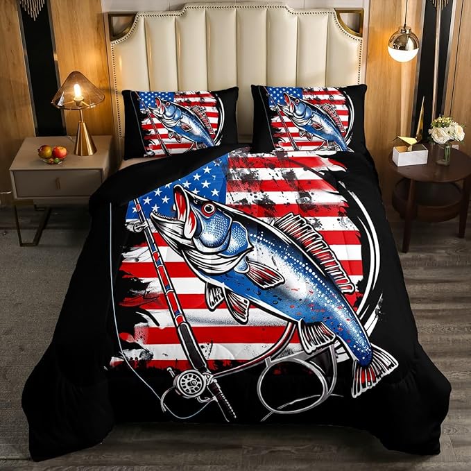 Feelyou Bass Fish Bedding Set Twin Size Farmhouse Fishing American Flag Comforter Set for Kids Boys Girls Teens Fishing Lover Room Wild Pike Fish Decor Comforter Red Blue Stripe Quilted Set 3Pcs