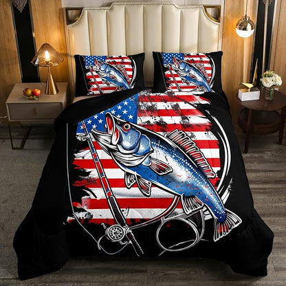 Feelyou Bass Fish Bedding Set Twin Size Farmhouse Fishing American Flag Comforter Set for Kids Boys Girls Teens Fishing Lover Room Wild Pike Fish Decor Comforter Red Blue Stripe Quilted Set 3Pcs