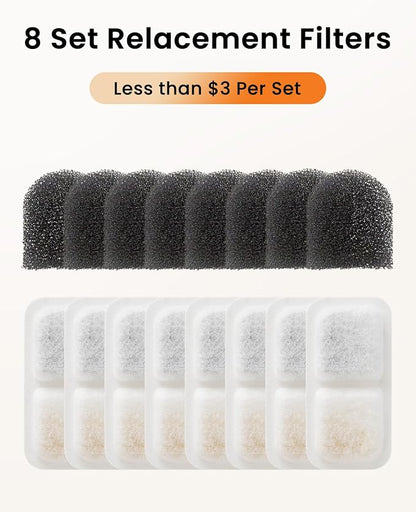 oneisall 8 Replacement Filters for Cat Water Fountain PW13 PW14 | 5-Layer Filtration,4 Months Set of Replacement Filters & Sponges for 2.2L 3.2L Wireless Cat Fountain,8 Count (Pack of 1)