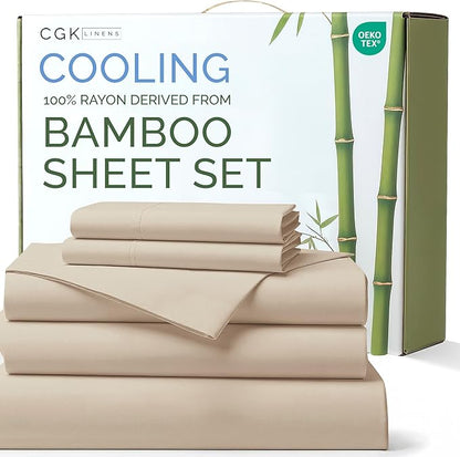 100% Rayon Derived From Bamboo - Bamboo Sheets Split King Size - Cooling Sheets for Split King - Ultra Soft Hotel Luxury Bedding - 1 Flat & 2 Fitted & 2 Pillowcases with 16 Inch Deep Pockets - Wheat
