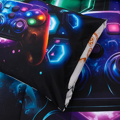 Aimuan Game Console Comforter Set for Boys Girls Kids Space Universe Gaming Geometric Lightweight Microfiber Gamer Bedding Sets (Black-Multi, Queen 6Pcs)