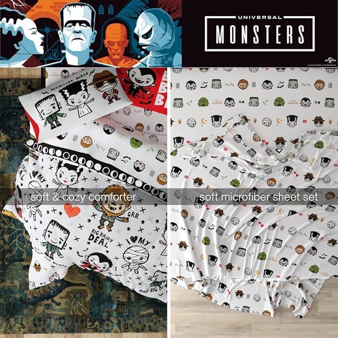 Universal Little Monsters Halloween Full Bed Set – Super Soft & Cozy 7 Piece Reversible Comforter and Sheet Set, (Officially Licensed Product) by Franco