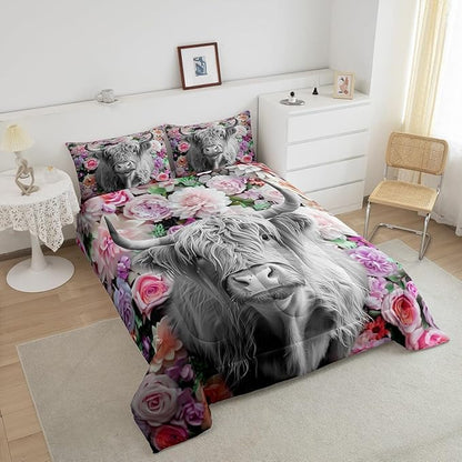 Erosebridal Highland Cow Comforter Set Queen Size Rose Flower Bedding Set for Kids Girls Boys Teens Adult Western Wild Animal Bull Cattle Down Comforter Funny Farmhouse Comforter Pink Grey