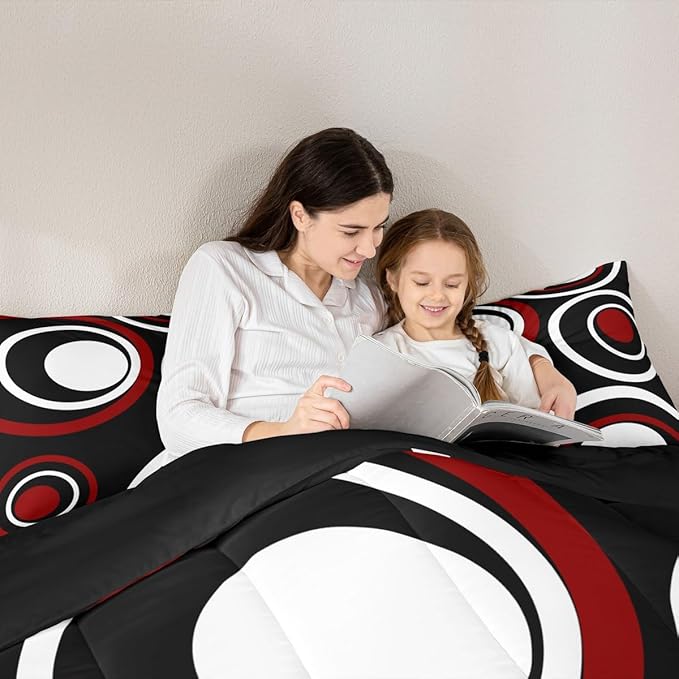 Erosebridal Red Black Striped Twin Bedding Sets for Adult Women Men Modern Circle Abstract Comforter Set Contemporary Graffiti Lines Quilt Duvet Set Minimalists Aesthetic Boho Bedding Collections