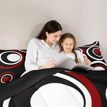 Erosebridal Red Black Striped Twin Bedding Sets for Adult Women Men Modern Circle Abstract Comforter Set Contemporary Graffiti Lines Quilt Duvet Set Minimalists Aesthetic Boho Bedding Collections