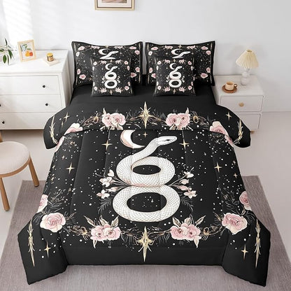 jejeloiu Boho Snake Bedding Set 7Pcs Queen Size Kids Bohemian Comforter Set with Sheets for Boys Girls Flower Floral Bed in a Bag Soft Lightweight,Microfiber