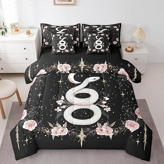 jejeloiu Boho Snake Bedding Set 7Pcs King Size Kids Bohemian Comforter Set with Sheets for Boys Girls Flower Floral Bed in a Bag Soft Lightweight,Microfiber