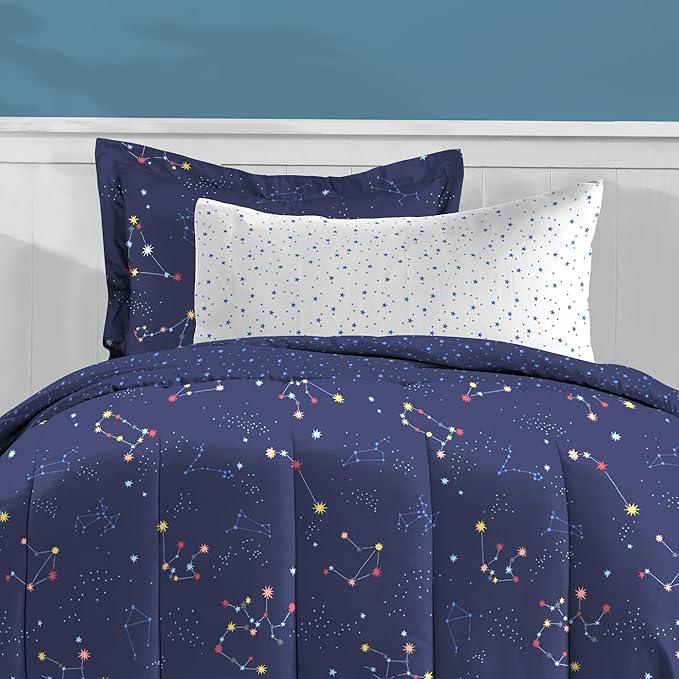 Dream Factory Kids 5-Piece Complete Bed Set Easy-Wash Super Soft Microfiber Comforter Bedding, Twin, Navy Blue Zodiac