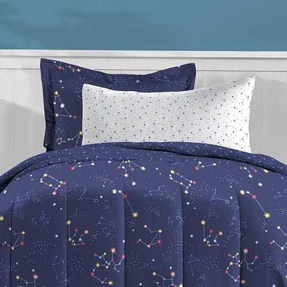 Dream Factory Kids 5-Piece Complete Bed Set Easy-Wash Super Soft Microfiber Comforter Bedding, Twin, Navy Blue Zodiac